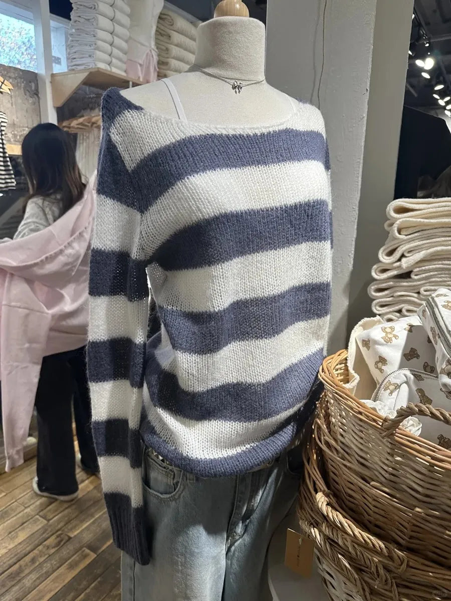 Vintage Striped Hollow Out Mohair Long Sleeve T-Shirt Women Sweetwear Scoop Neck Cotton Thin Smock Sweet Cute Tee Shirt Tops Y2K