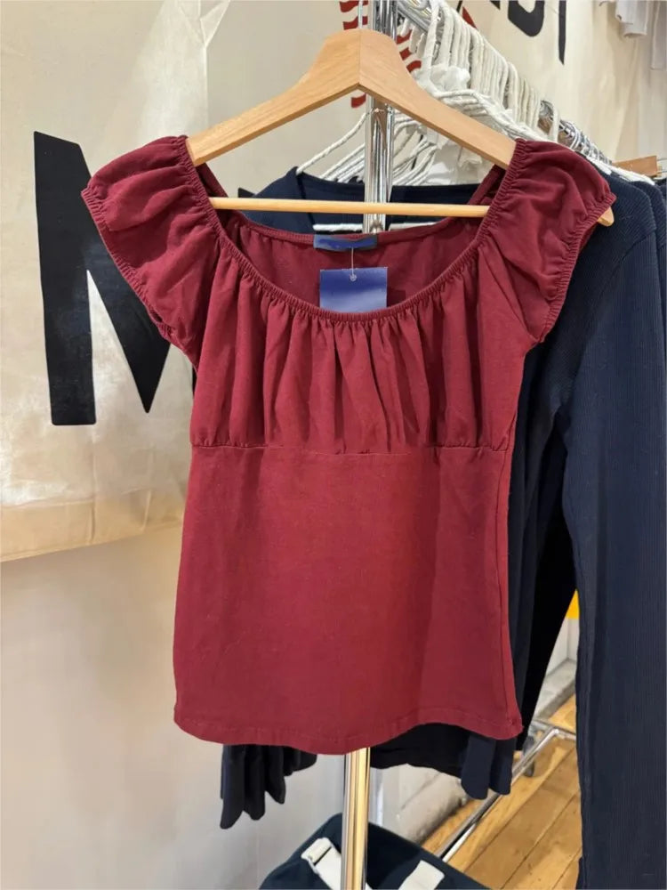 Burgundy Mesh Folds Short Sleeve Tee Women Summer Square Collar Cotton Ruffle Slim T-shirts Female Sweet Aesthetic Cute Y2K Tops
