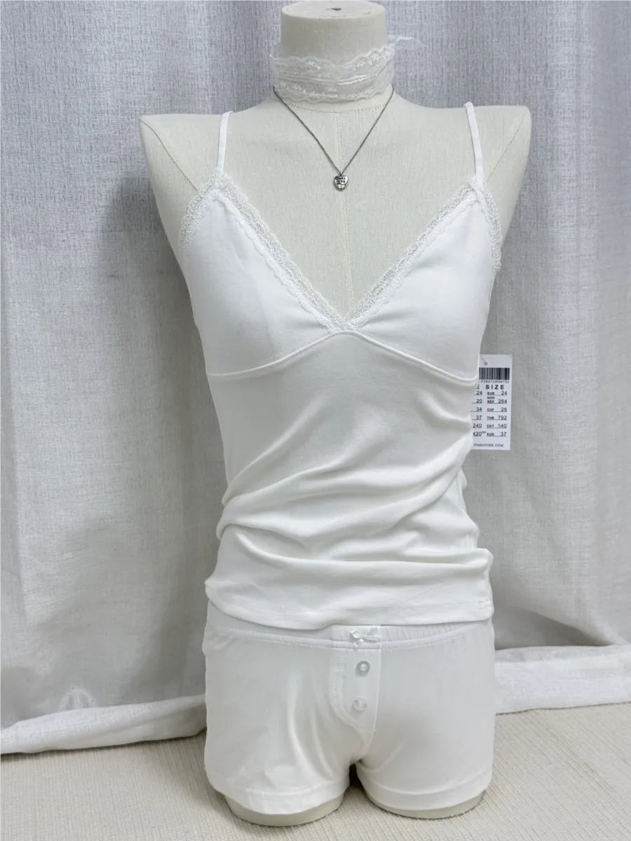 White Lace Trim V-neck Camisole Women Summer Casual Ribbed Cotton Soft Sleeveless Vests Sweet Cute Preppy Style Tank Tops OOTDS