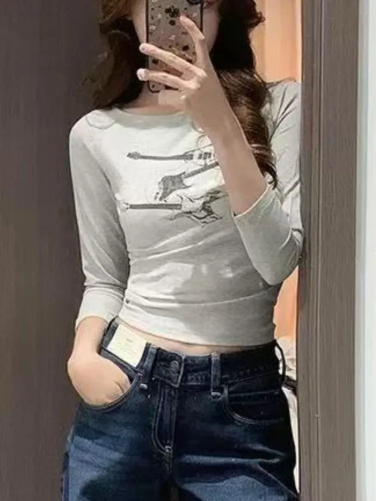 American Retro Print T-shirts Women Summer Casual Simple Cotton Slim Three Quarter Tees Vintage Streetwear Chic Tshirt Y2K