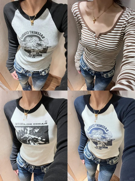 American Rock Graphic Long Sleeve T-shirts Women Autumn New Vintage Print Cotton Ribbed T Shirt Female Retro Chic Slim Y2k Tops