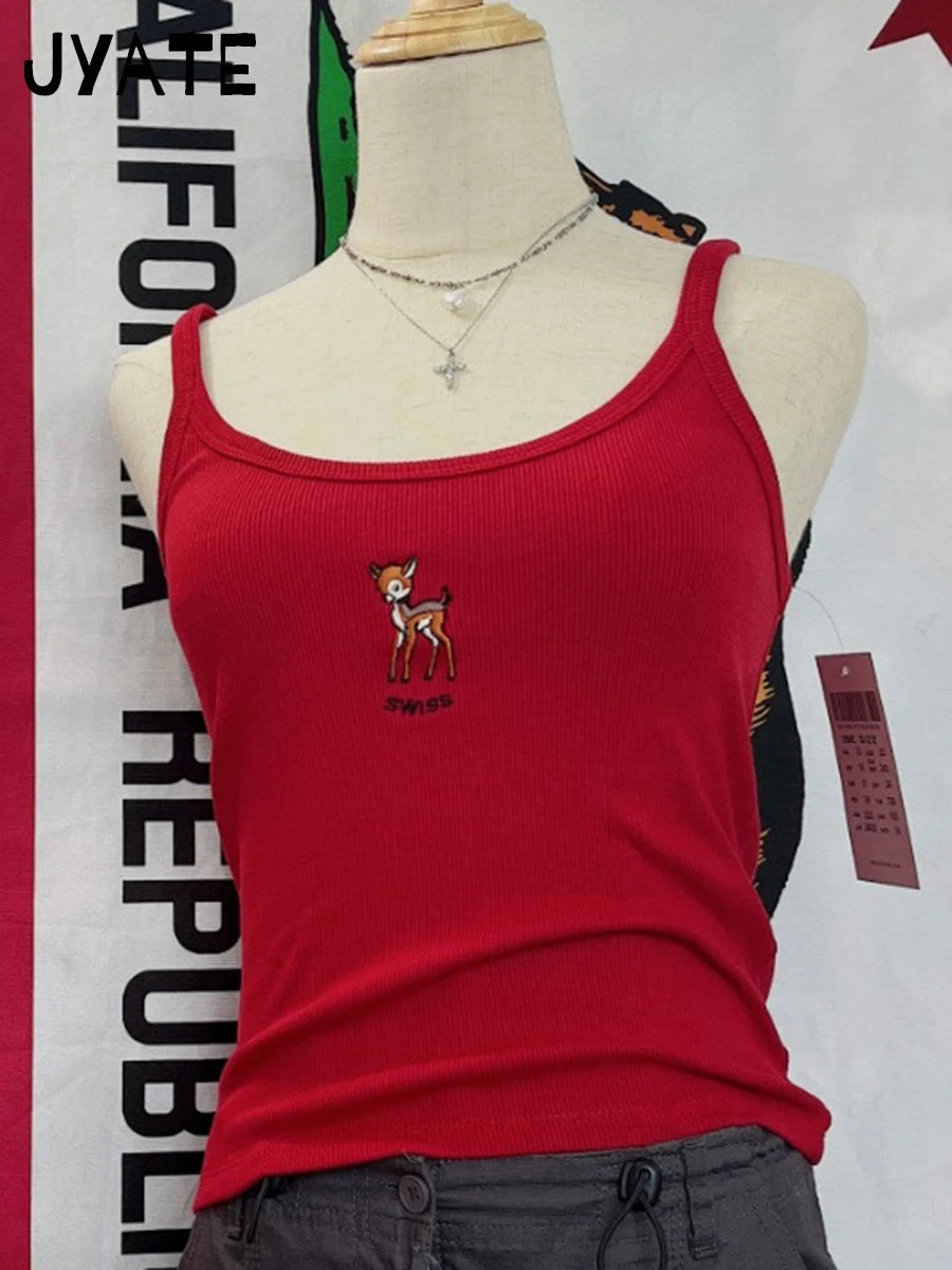 Pink Little Deer Embroidery Tank Tops Women New Ribbed Cotton Raw Hem U Collar Slim Sleeveless Vests Cute Sweet Vintage Camisole