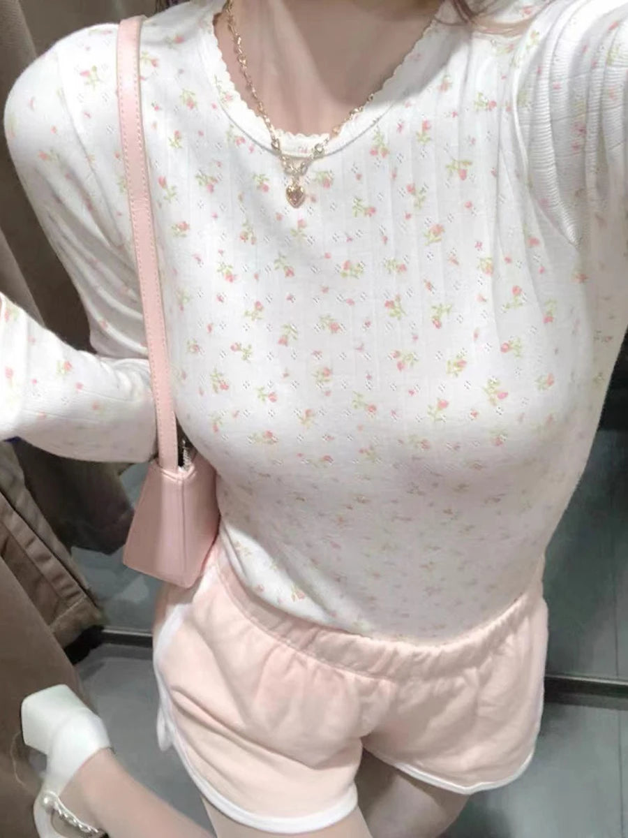 Fashion Sweet Hollow Out Floral Print T-shirts Women Autumn Cotton Soft Slim O-neck Long Sleeve Tops Simple Vintage Cute Y2K Tee