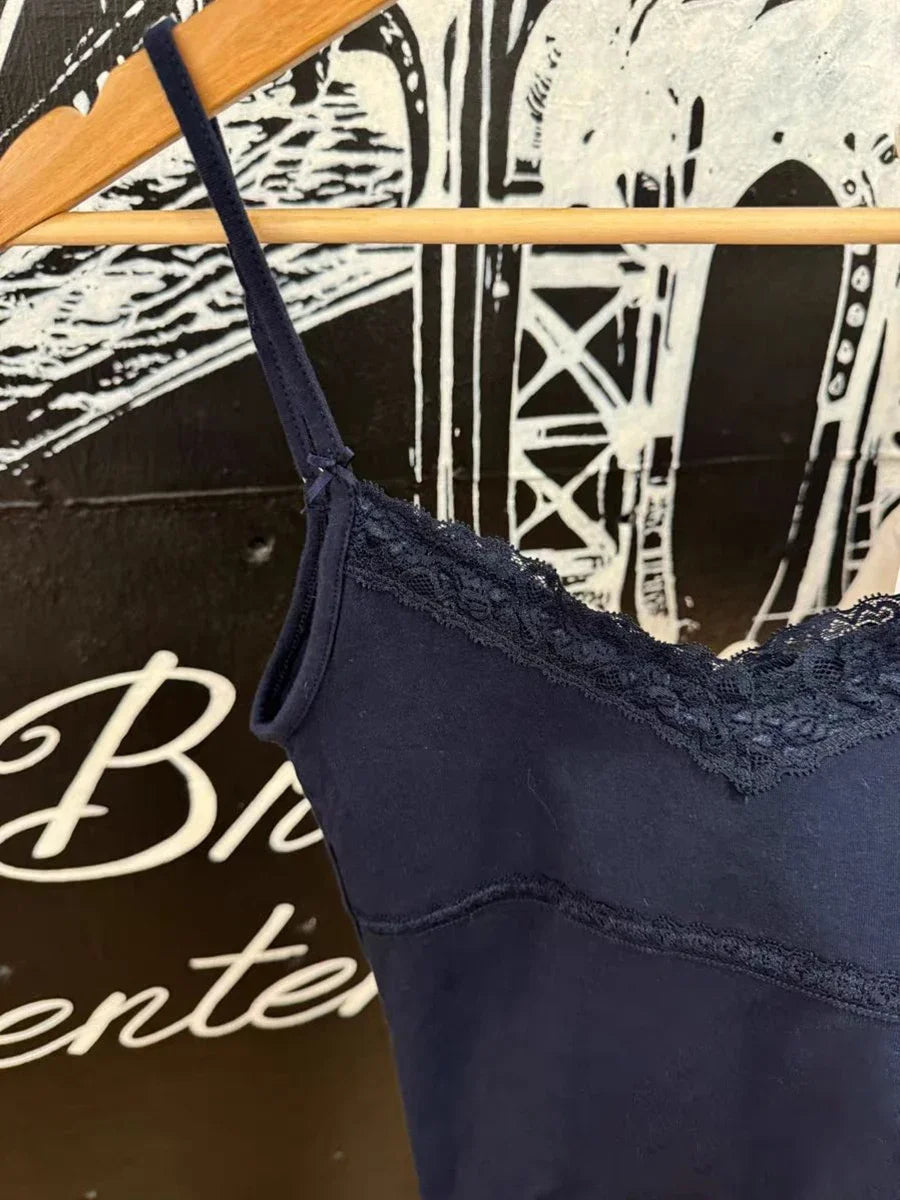 New Lace Trim Navy Slim Tank Tops Woman Summer Bow V-Neck Sleeveless Cotton Cropped Vest Casual Vintage Streetwear Crop Top Y2K