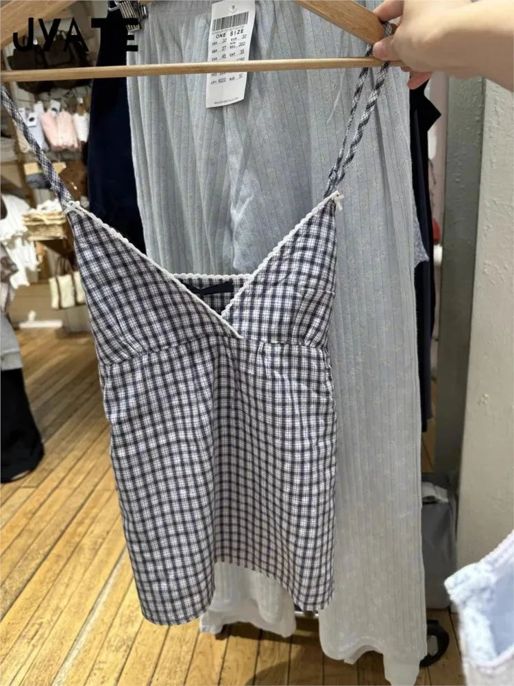 Lace Trim V-neck Plaid Bow Tank Tops Women Summer New Casual Streetwear Simple Back Lace-up Vest Vintage Sweet Chic Camisole Y2K