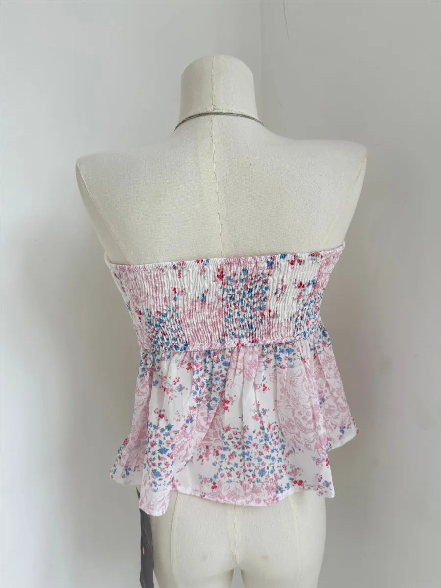 Sweet Knitted Patchwork Tube Tops Woman Lace-up Strapless Floral Hem Slim Cropped Camisole Female Streetwear Sexy Crop Top Y2K