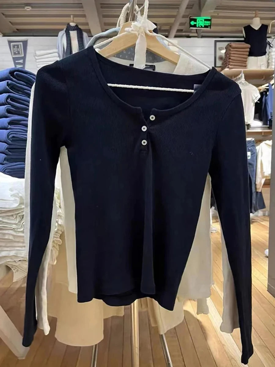 Sweet Solid Button Ribbed T-shirts Women Autumn Cotton Soft Elegant Long Sleeve Tees Female Chic Streetwear Basic Tops Clothes