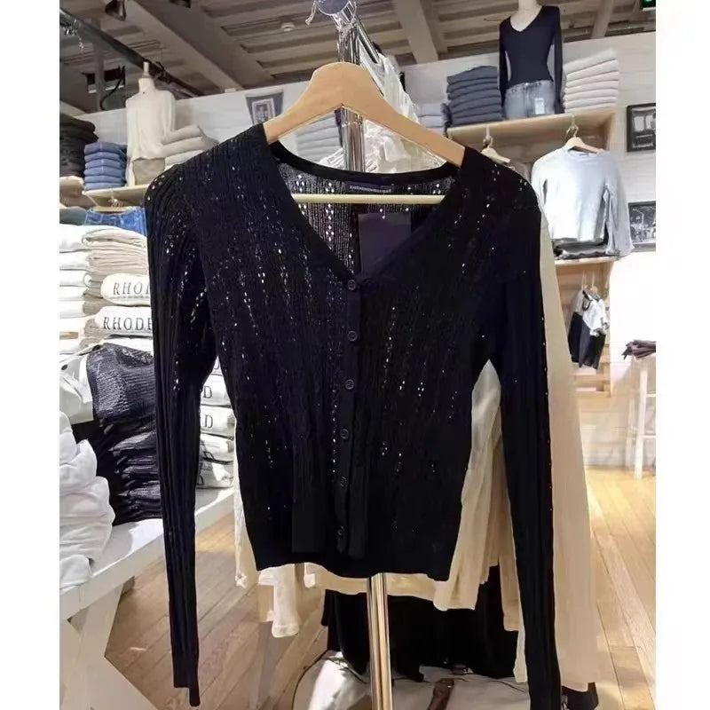 Hollow Out Solid Knitted Tops Women 2025 Spring Sexy V Neck Cotton Long Sleeve T-shirt Female Vintage Simple Cute Crop Top Chic