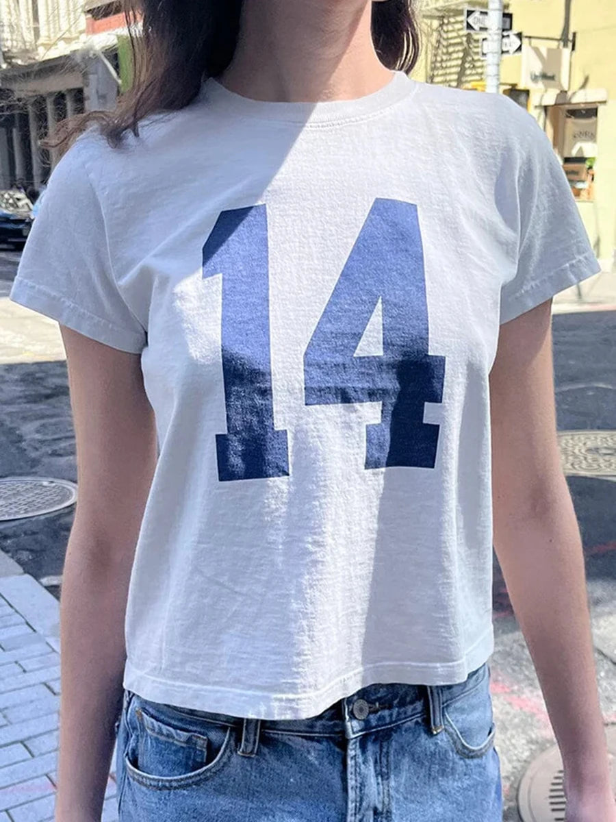 Classic Number Graphic Print Cotton T-shirts Women Summer Soft Casual Loose O-neck Short Sleeve Tees Vintage Streetwear Y2K Tops