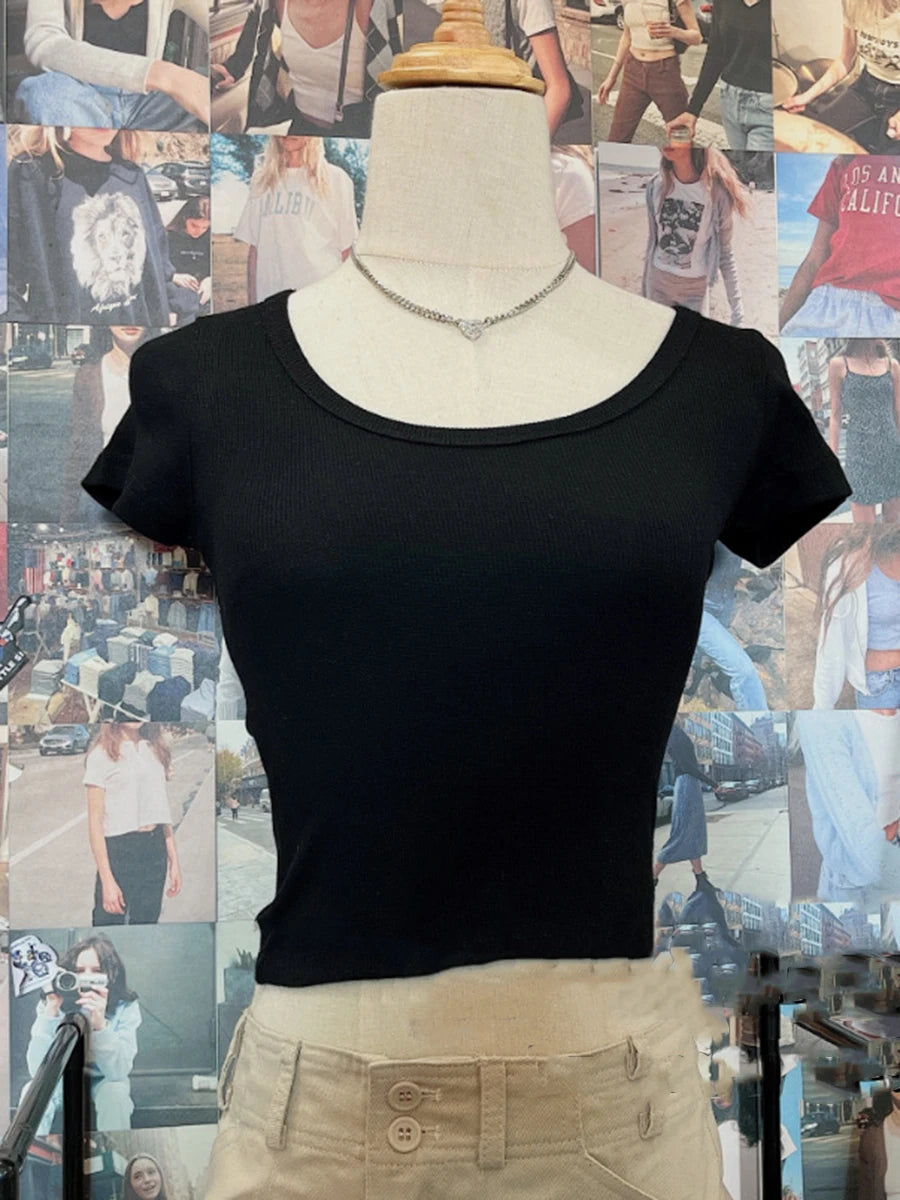White Raw Hem Simple Crop Tops Women 2024 New Cotton Casual Cute Preppy Style Short Sleeve Tees Vintage Basic Chic T-shirts Y2K