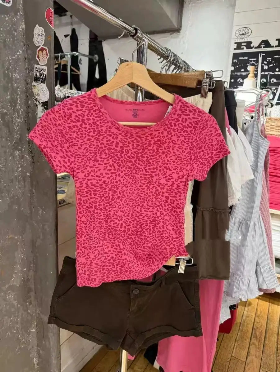Leopard Print Collection T-shirts Women Summer Cotton Slim Small Flying Sleeves Vests Female American Vintage Sweet Tops Y2K