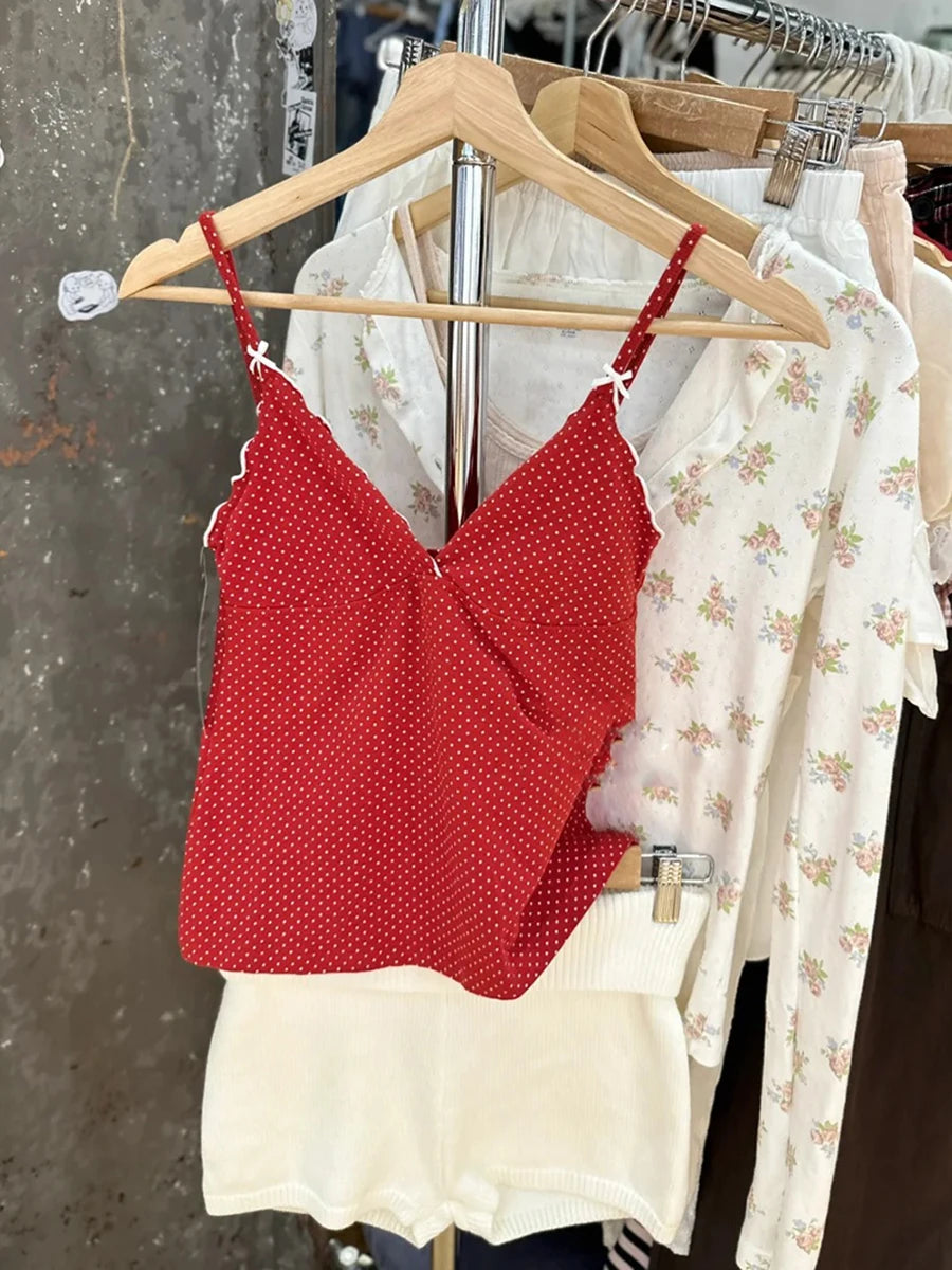 New Red Dot Fungus Trim Bow Tank Tops Women Casual Cotton Slim V-neck Sleeveless Camisole Sweet Cute Preppy Style Crop Top Y2K