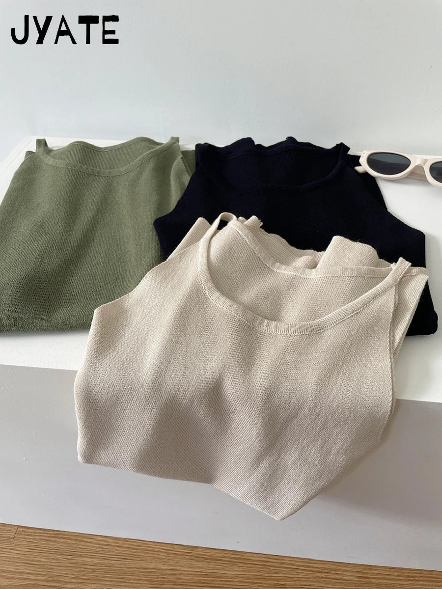Sweet Apricot Cotton Knitted Tank Tops Women Summer New Casual Simple O-neck Sleeveless Vests Basic Cute Vintage Camisole Y2K