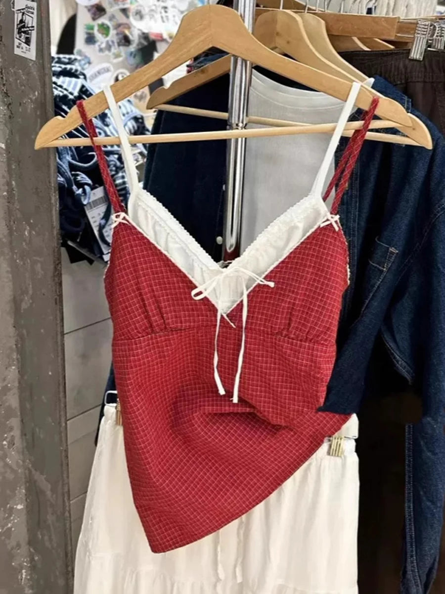 White Lace Trim V-neck Slim Tank Top Women Summer Cotton Aesthetic Streetwear Sleeveless Vests Sweet Vintage Chic Cute Y2K Camis