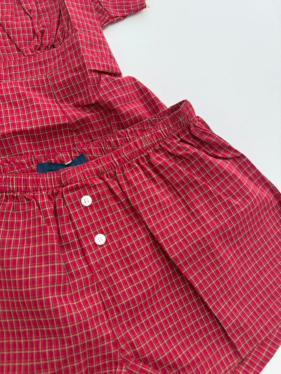 Sweet Red Plaid T-shirt Shorts 2 Piece Sets Women New Lace Trim Buttons Tees+ Casual Straight Sweatshorts Cute Casual Home Set