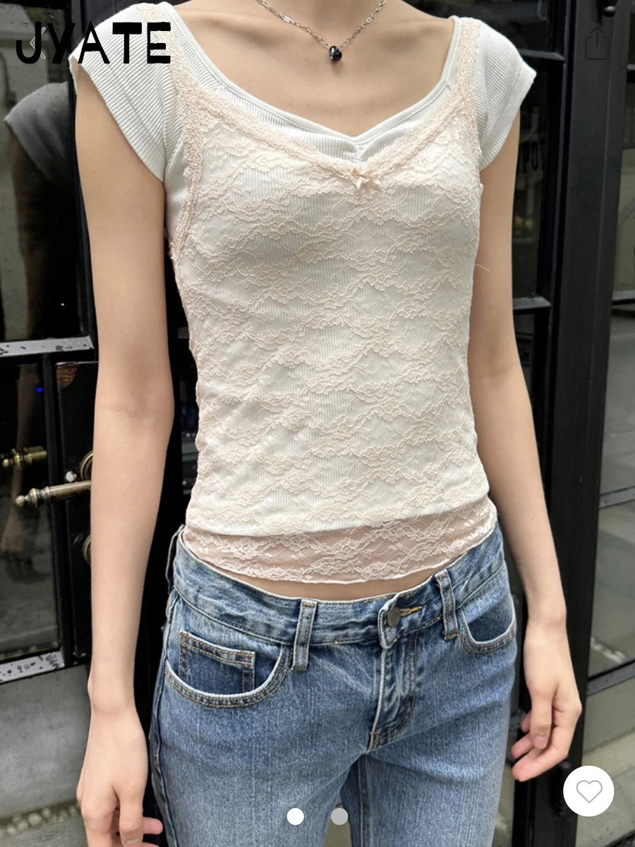Blue Jacquard Sexy Sheer Tank Tops Women Summer New Streetwear Slim V-neck Bow Thin Sleeveless Vest Sweet Mesh Chic Camisole Y2K