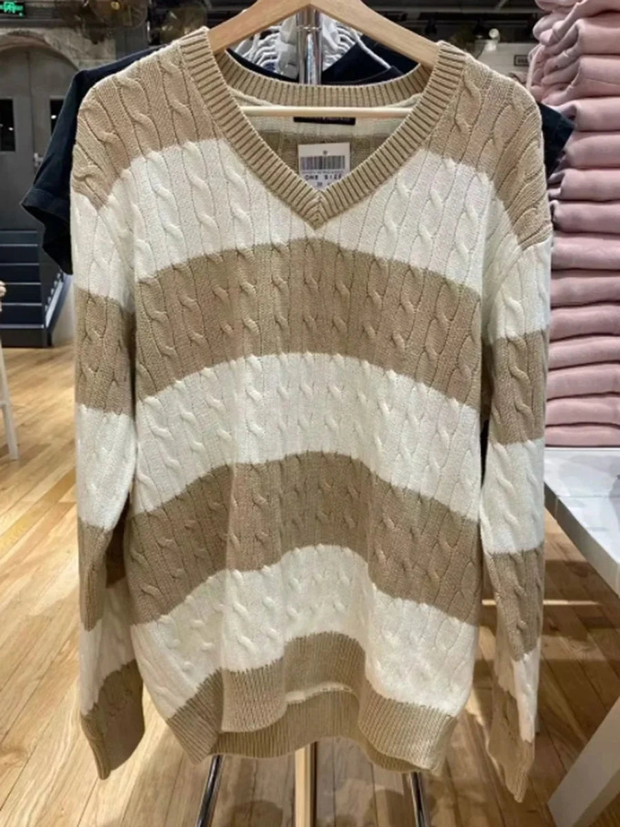 Fashion Twisted Floral Loose Knitted Sweater Women Autumn New V-neck Cotton Casual Chic Pullover Tops Streetwear Cute Jumper Y2K