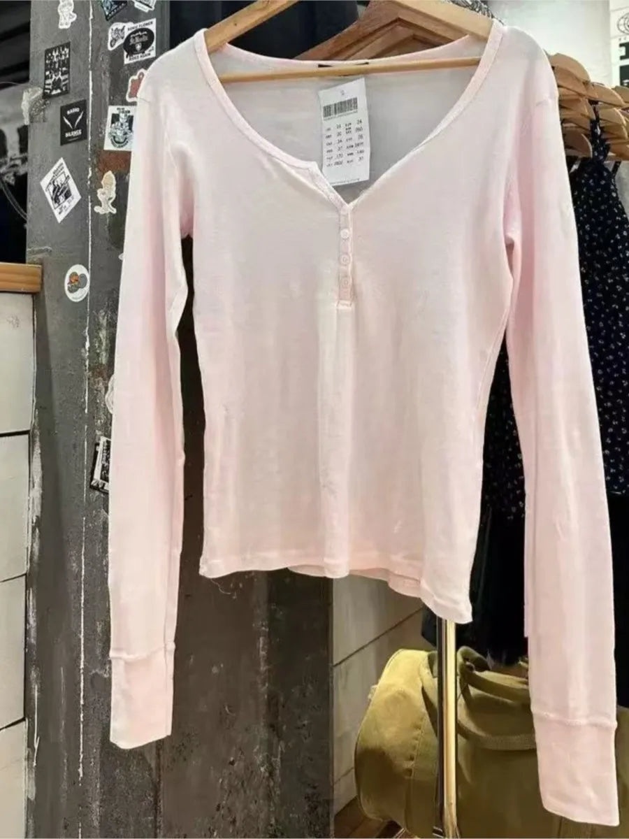 Sweet Pink Thin Long Sleeve Tees Women New Casual Cute O-neck Clean Girl fit Tshirt Top All-match Simple Streetwear T-shirts Y2K