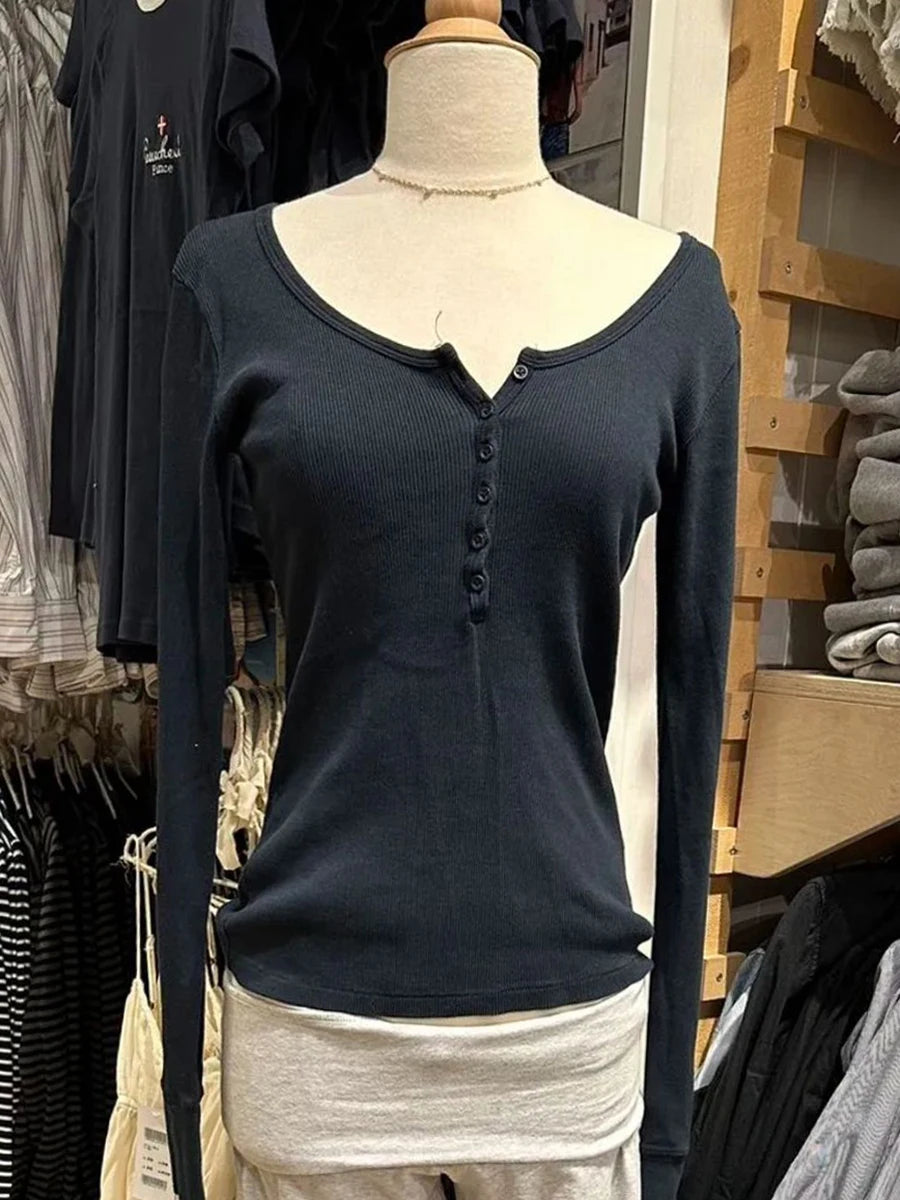 Navy Six ButtonsT-shirts Women Autumn New Round Neck Cotton Ribbed Slim  Long Sleeve Tee Top Casual Vintage Chic Tshirt Y2k Tops