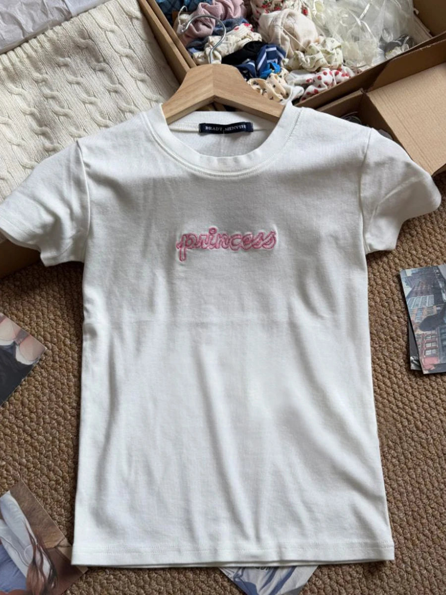 White Letter Embroidery Slim T-shirts Woman's Summer O-neck Short Sleeve Cotton Tee Shirts Female Casual Sweet All-match tshirt