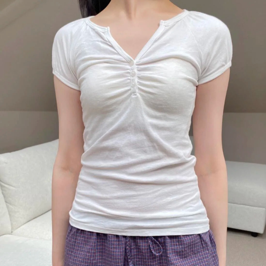 Solid Three Buttons Fold T-shirts Women Summer Streetwear Casual Cotton Slim Short Sleeve Tee Simple Basic Sweet Tshirt Y2K Tops