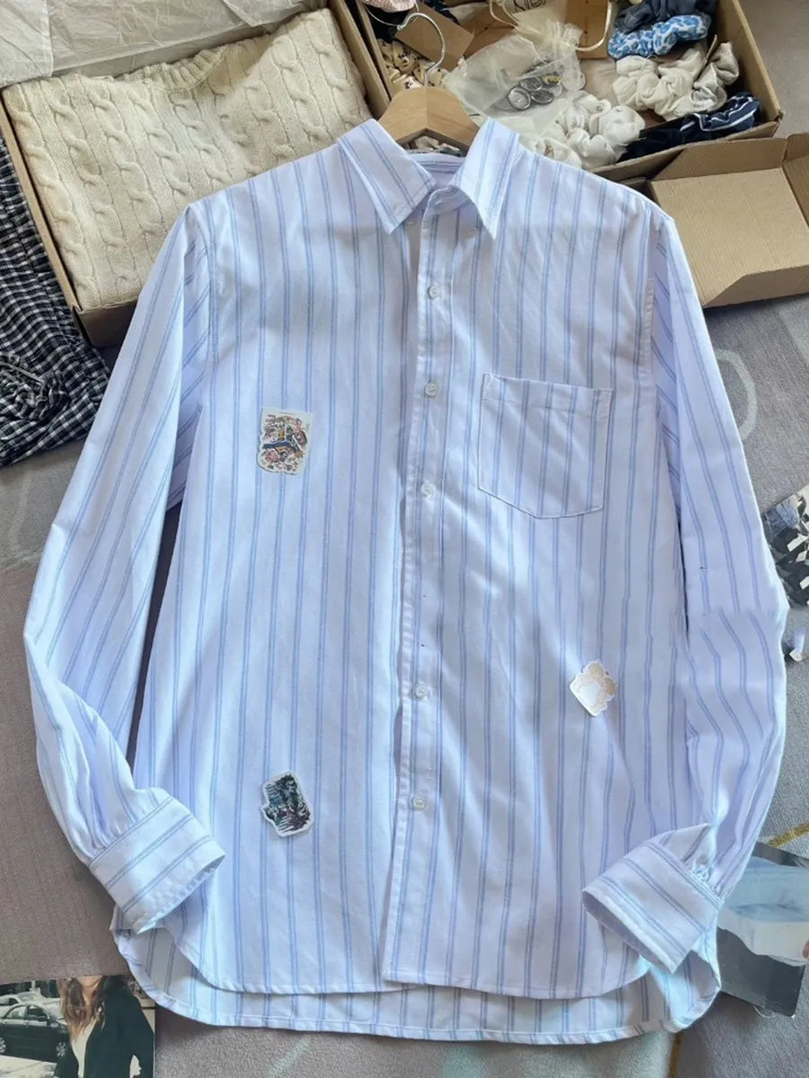 Striped Buttons Long Sleeve Tees Blouse Women Summer Y2K Casual Turn down Collar T-shirts Girls Sweet Preppy Style Tshirt Tops