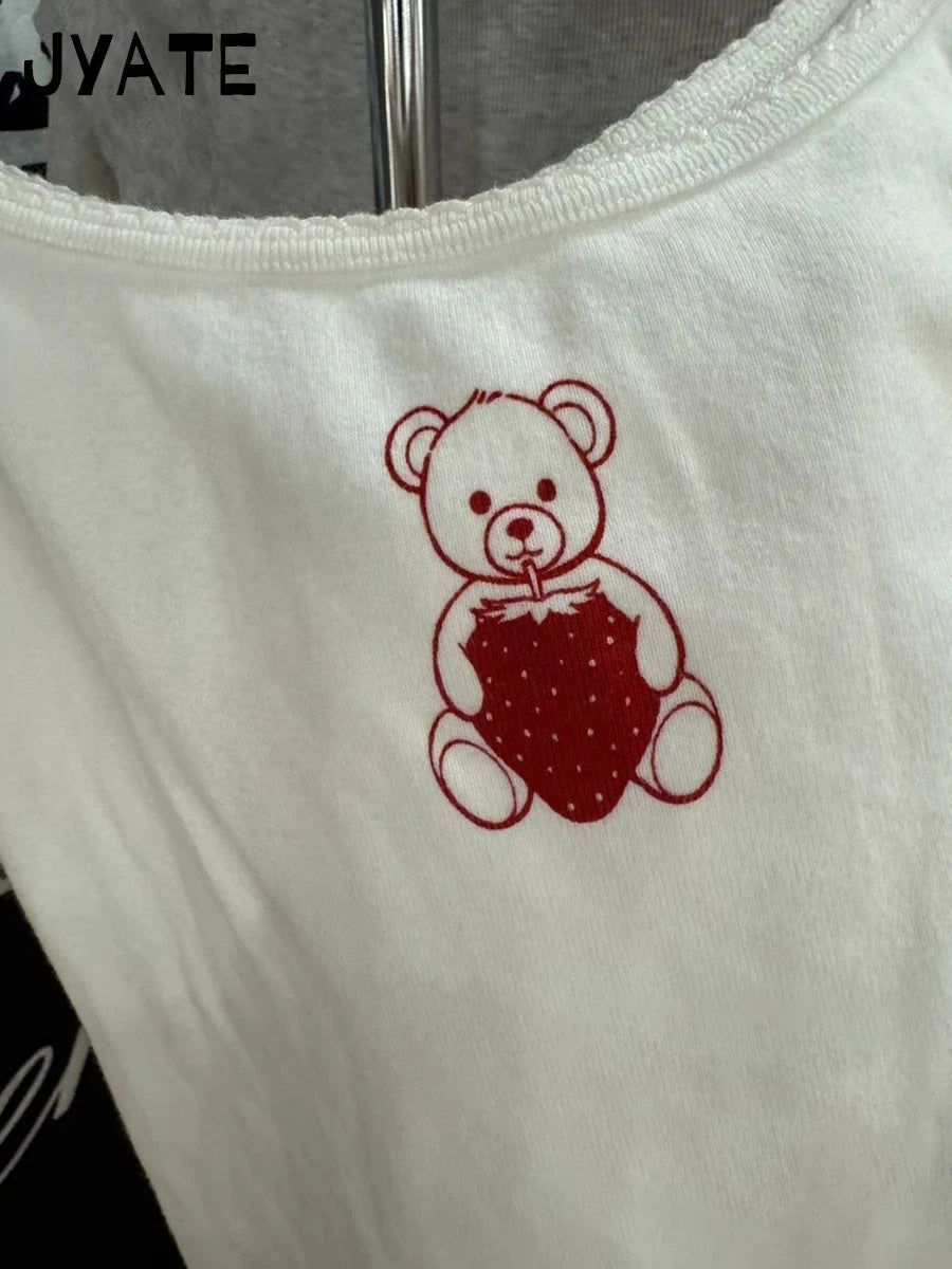 Cute Strawberry Bear Print Tank Tops Women Summer New Cotton Slim Casual Sleeveless Cropped Vests Sweet Preppy Style Camis Y2K