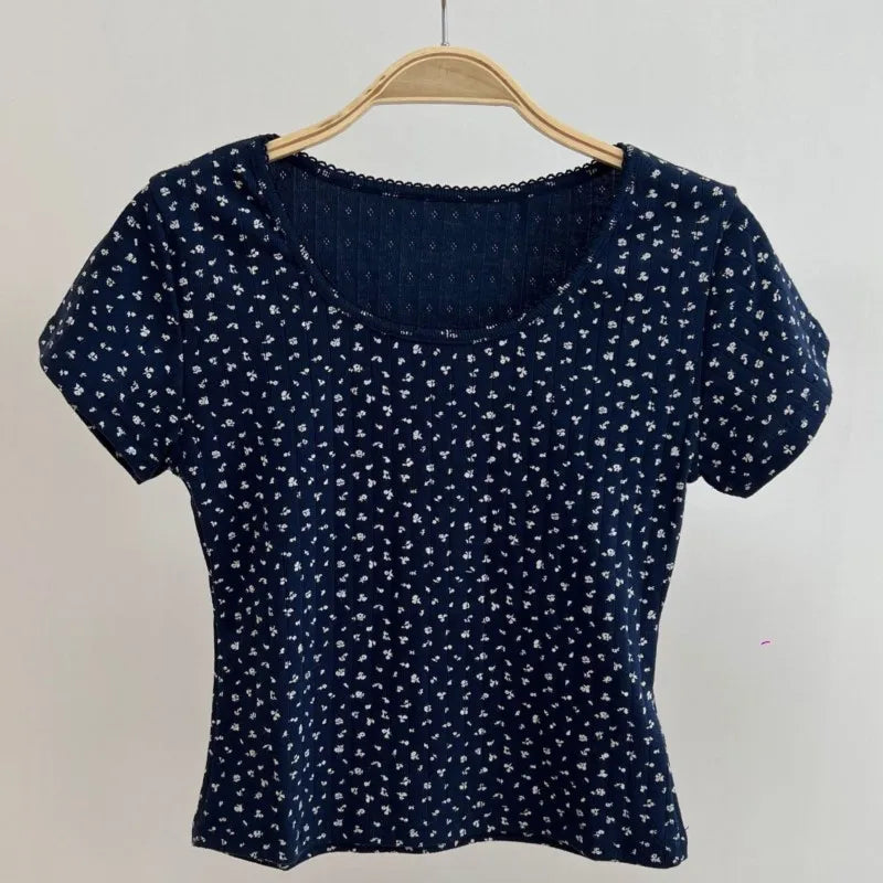 Floral Print Eyelet Short Sleeve Tee Women New Casual Streetwear Slim Cropped Tops Girl Sweet Cute Preppy Style T-shirts Y2K Top