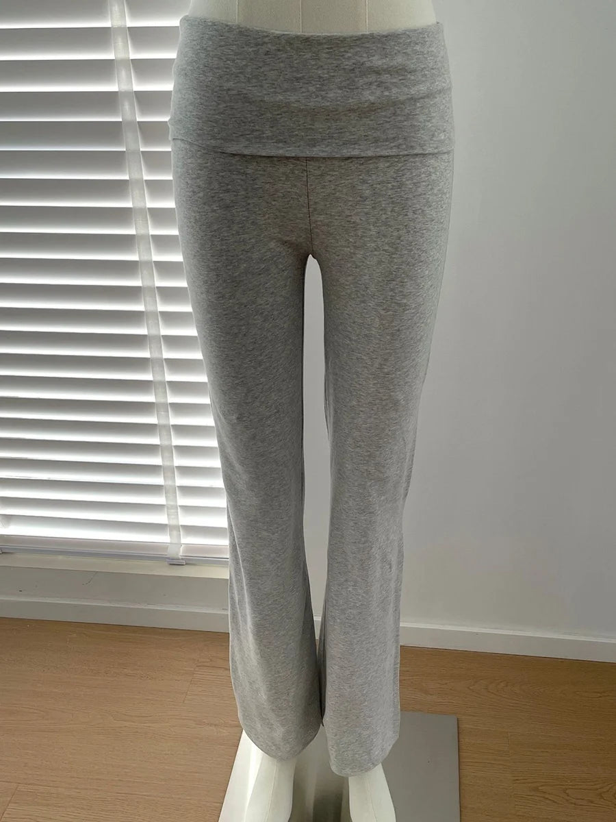 Solid Skinny Cotton T-shirt Pant Set Woman O-neck Long Sleeve Tee+Foldover Flare Yoga Pant Sport 2 Piece Sets Can mix and match