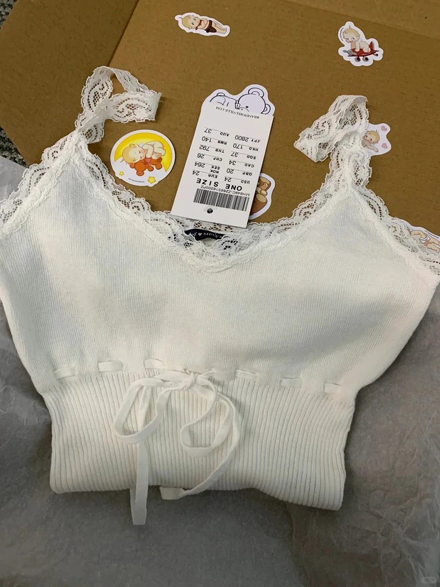 Lace-up Knitted Tank Top for Woman Summer Deep Grey Cotton Camisole Female Casual Simple All-match Preppy Style Basic Tops y2k