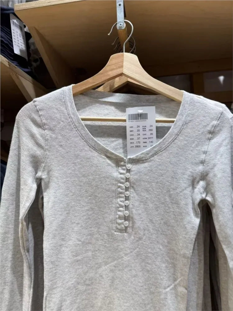 Waffle Button Gray Long Sleeve Tee Women Autumn Cotton Buttons Slim TShirt Zelly Tops Shoujo Clothes Simple Basic Sweet T-shirts