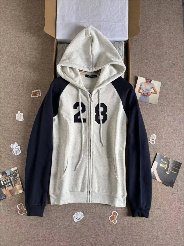 NO.28 Patchwork Long Sleeve Sweatshirts Tops Women New Cotton Slim Chic Pocket Zip-up Pullover Coat Vintage Preppy Style Hoodie