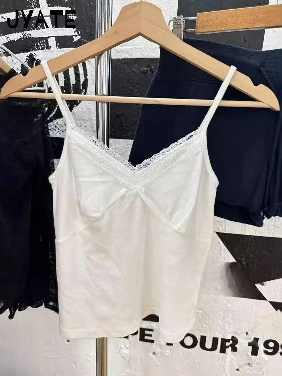 Vintage Lace Trim V-neck Bow Tank Tops Women New Cotton Soft Basic Casual Slim Sleeveless Crop Top Sweet Chic Sexy Camisole Y2K