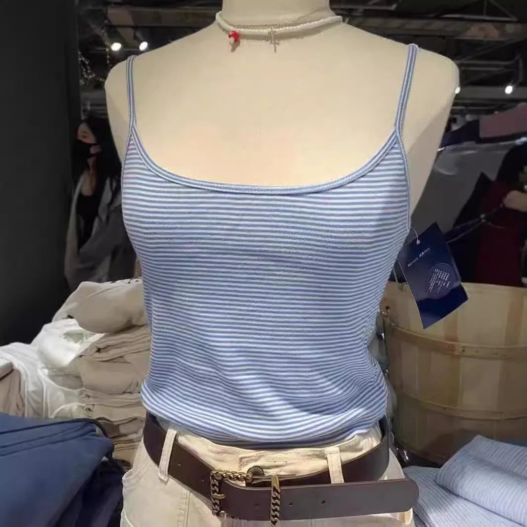 American Blue Striped Hollow Out Tank Tops Women Summer New Cotton Bow Lace Trim Sleeveless Vests Sweet Cute Vintage Camis Y2K