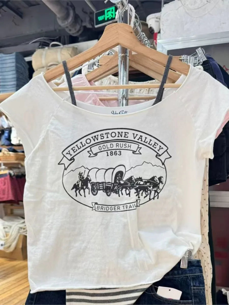 Carriage Print Slash Neck Crop Tops Women New Cotton Slim Streetwear Raw Hem Short Sleeve Tee Harajuku Vintage Cute T-shirts Y2K