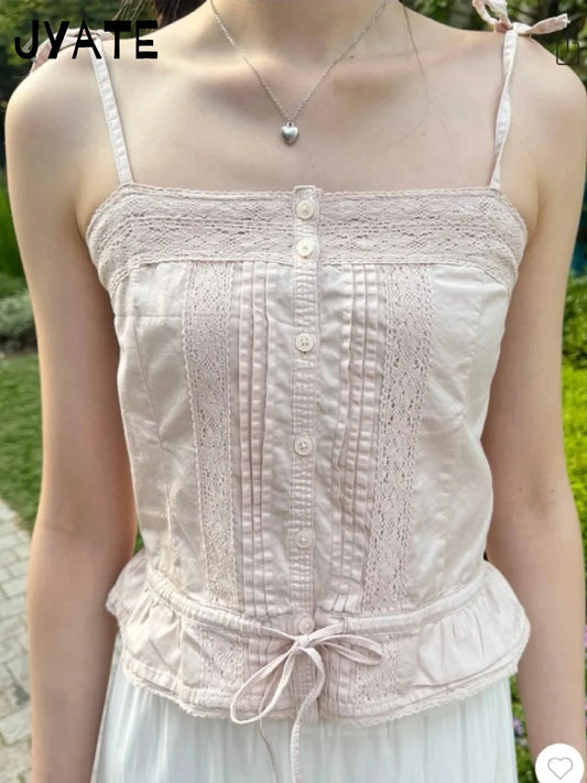 Sweet Pink Hollow Out Strappy Tank Tops Women Summer New Cotton Slim Ruffles Buttons Cropped Vests Vintage Sexy Chic Camis Y2K