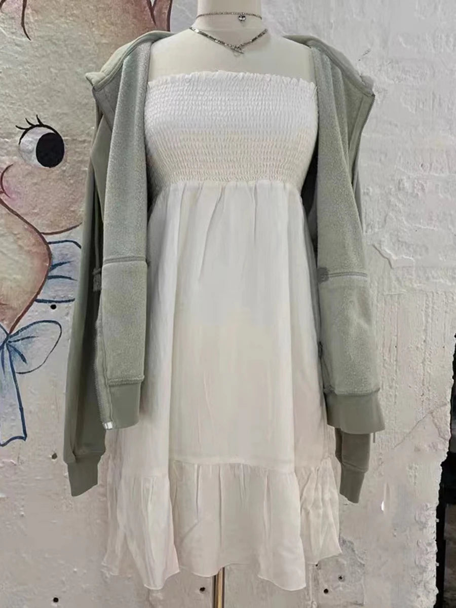 Sweet Ruffles White Folds A-line Dress Women Fit And Flare Elastic Strapless Short Vestidos Female Cute Simple Vintage Dresses