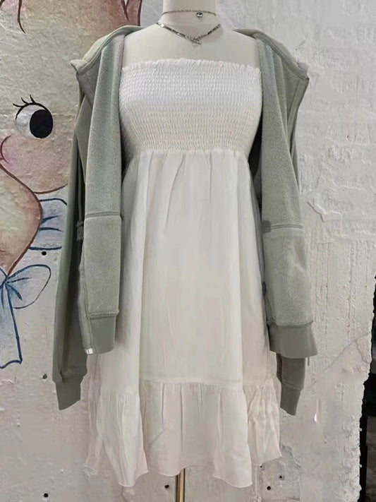 Sweet Ruffles White Folds A-line Dress Women Fit And Flare Elastic Strapless Short Vestidos Female Cute Simple Vintage Dresses