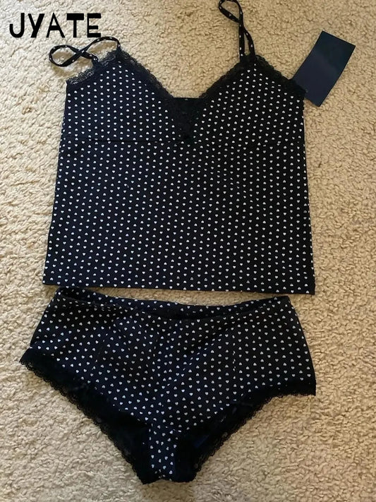 Heart Print Vest Shorts 2 Pieces Set Women New Lace V-neck Slim Tank Tops Elastic Waist Short Pants Sweet Home Pajama Sets Y2K