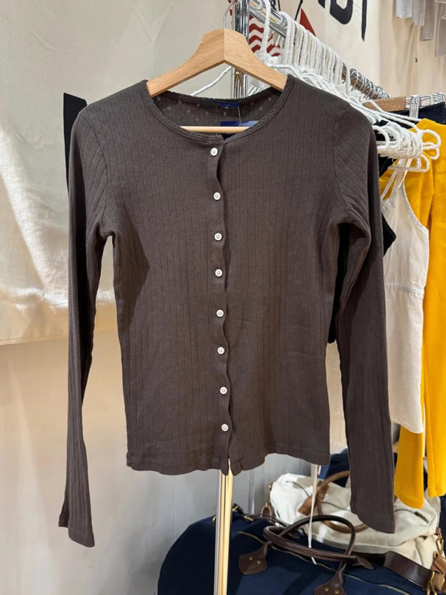 Eyelet Slim Single Breasted T-shirt Women Autumn Preppy Style O-neck Cotton Long Sleeve Tee Shirts Cute Vintage Sweet Tops Y2K
