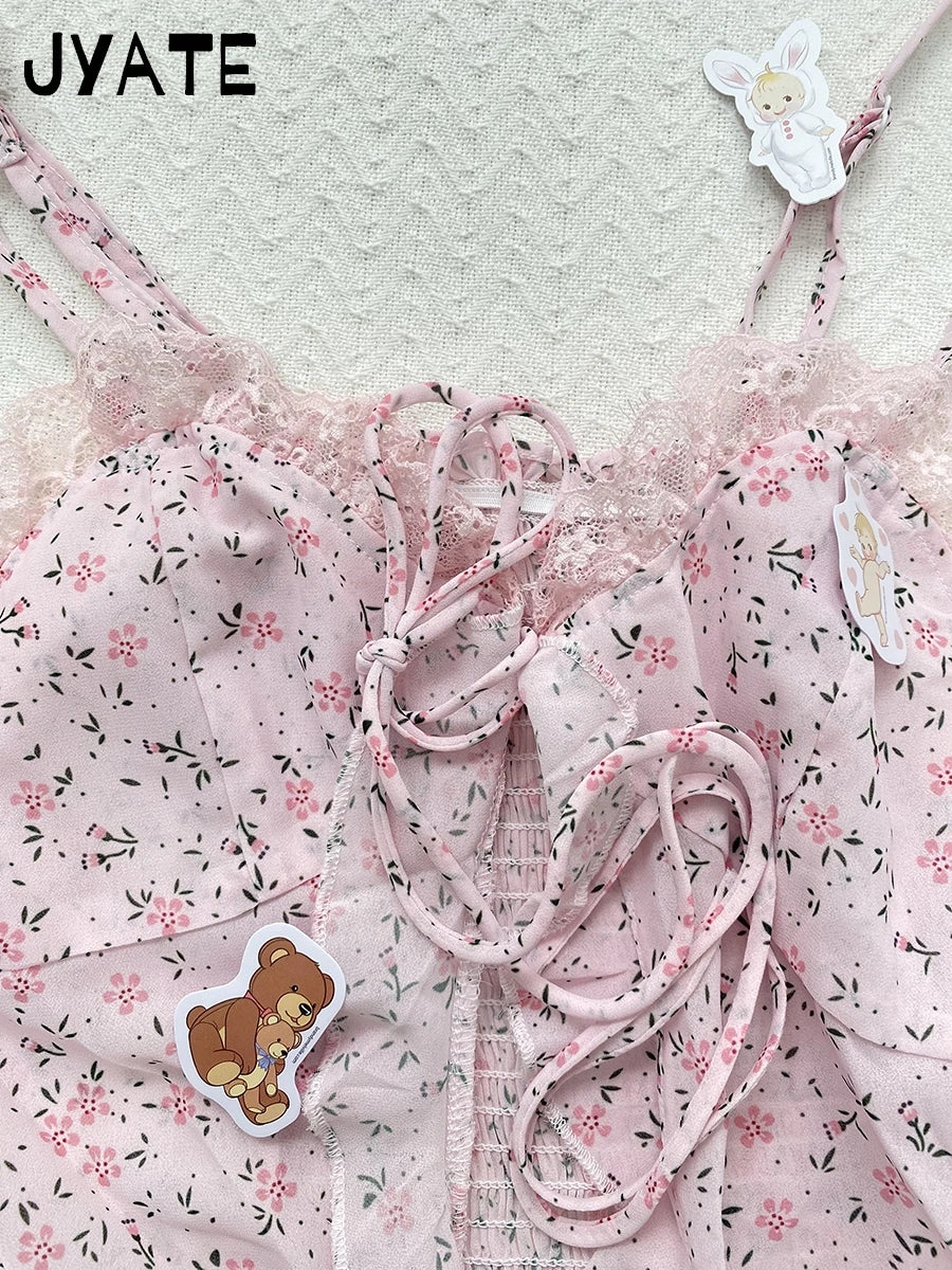 Sweet Pink Floral Irregular Straps Camisole Women New V-neck Slim Sexy Sleeveless Cropped Vests Vintage Chic Cute Tank Tops Y2K