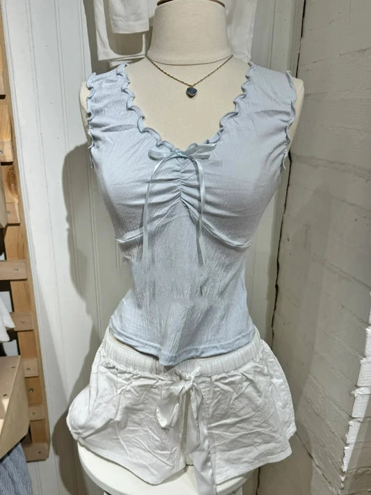 Sweet Blue Ruffles V-neck Cropped Vests Women Summer Casual Slim Folds Bow Sleeveless Tank Tops Sweet Preppy Style Camisole Y2K