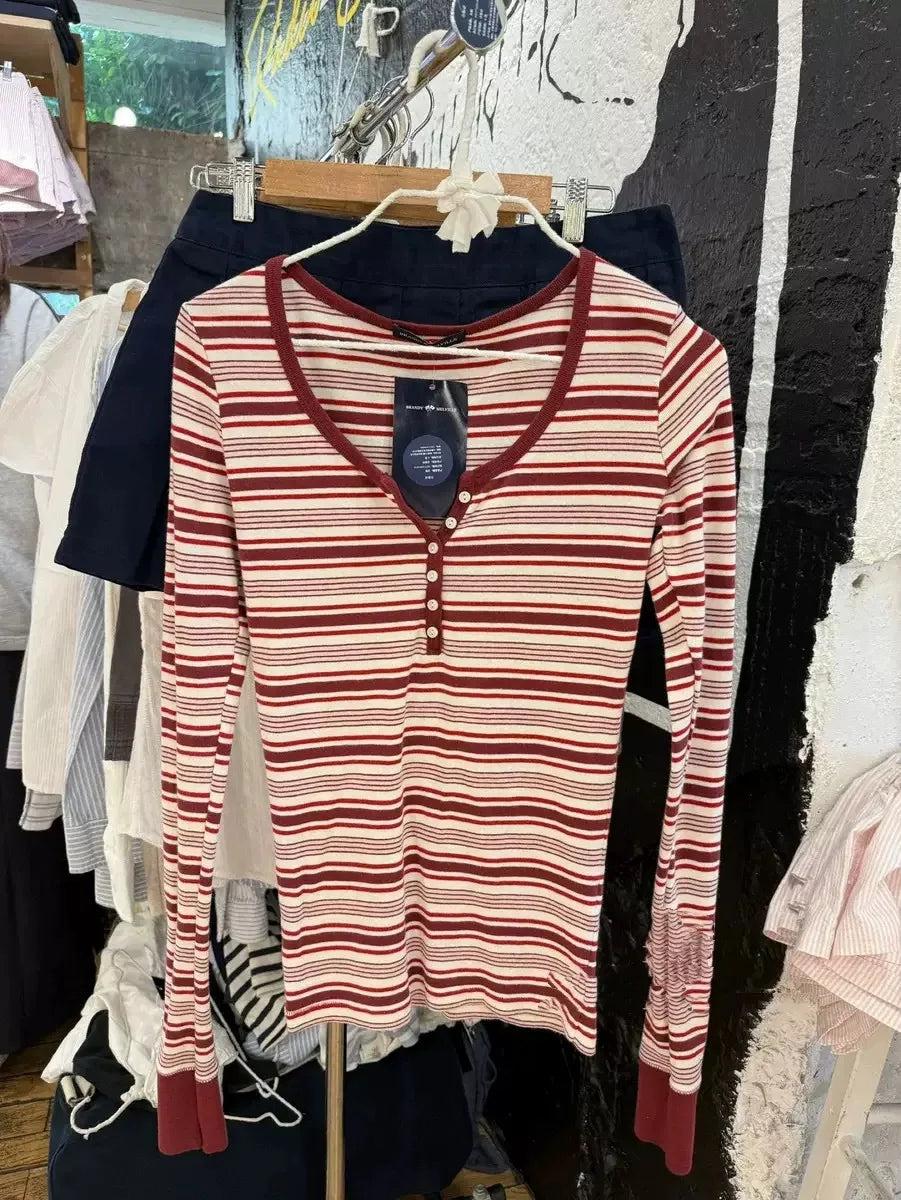 Blue White Striped T-shirt Women Buttons O-Neck Cotton Slim Patchwork Long Sleeve Tee Sweet Cute Preppy Style Tshirt Y2K Top New