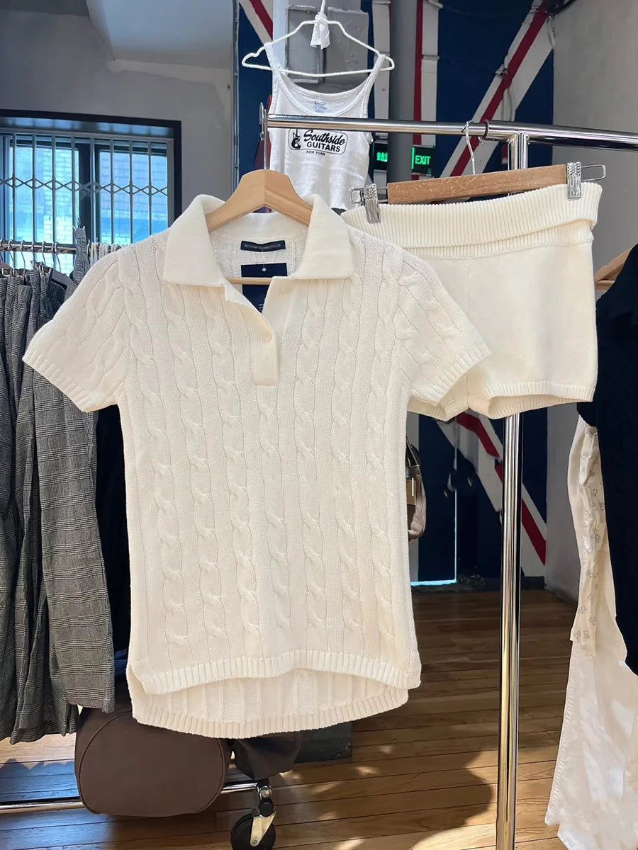 Sweet Solid Knitted T-shirt Shorts Set Women Short Sleeve Tee+Straight Sweatshorts Casual Preppy Style Home Pajama 2 Piece Sets