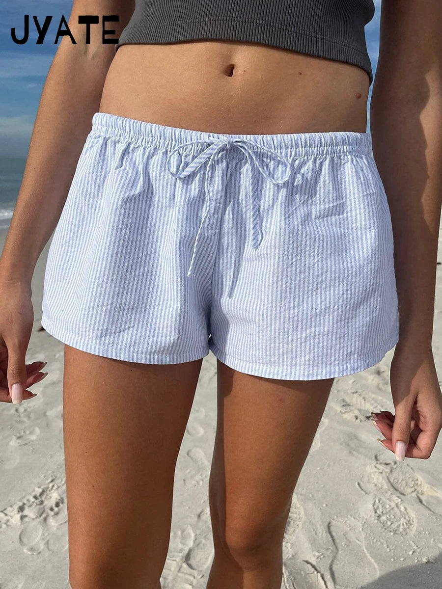 Sweet Pink Striped Button Short Pants Women Summer Cotton Loose Casual Elastic High Waist Home Underwear Cute Vintage Y2K Shorts