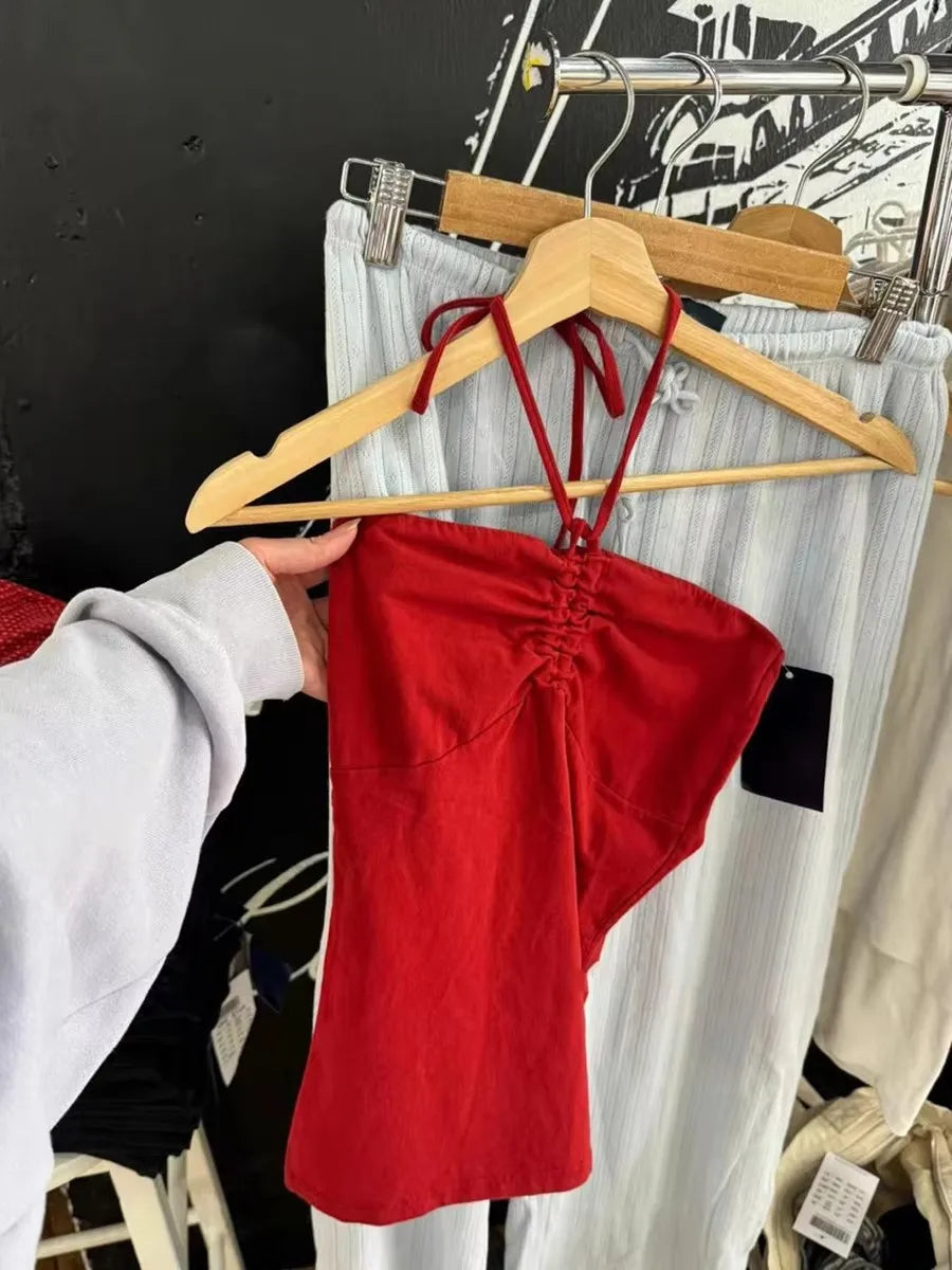 Vintage Red Drawstring Folds Strapless Tank Top Women New Basic Cotton Slim All-match Camis Sweet Preppy Style Vest Y2K Tops