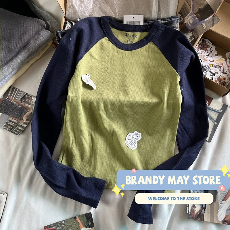 Retro Patchwork Ribbed T-shirt Women Autumn Casual O-Neck Cotton Long Sleeve Tee Shirt Vintage Streetwear Chic T Shirt Y2K Tops