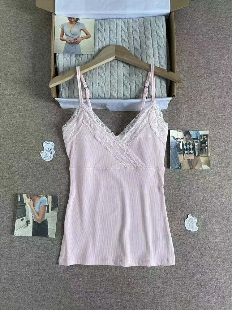 Pink V-neck Lace Trim Camisole Women Summer Casual Simple Basic Slim Cotton Sleeveless Veats Sweet Cute Preppy Style Tank Tops