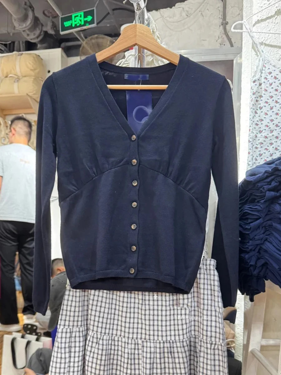 Navy V-neck Knitted Cardigan Women Autumn New Casual Streetwear Buttons Long Sleeve Coat Sweet Preppy Style Cotton Sweaters Tops