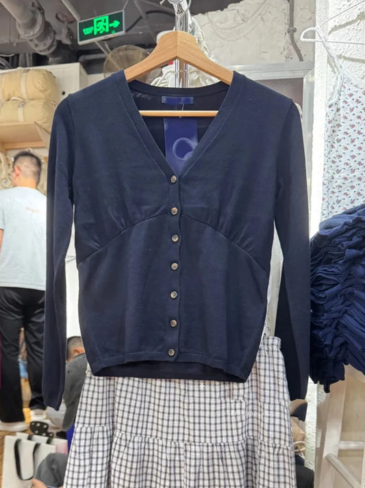 Navy V-neck Knitted Cardigan Women Autumn New Casual Streetwear Buttons Long Sleeve Coat Sweet Preppy Style Cotton Sweaters Tops